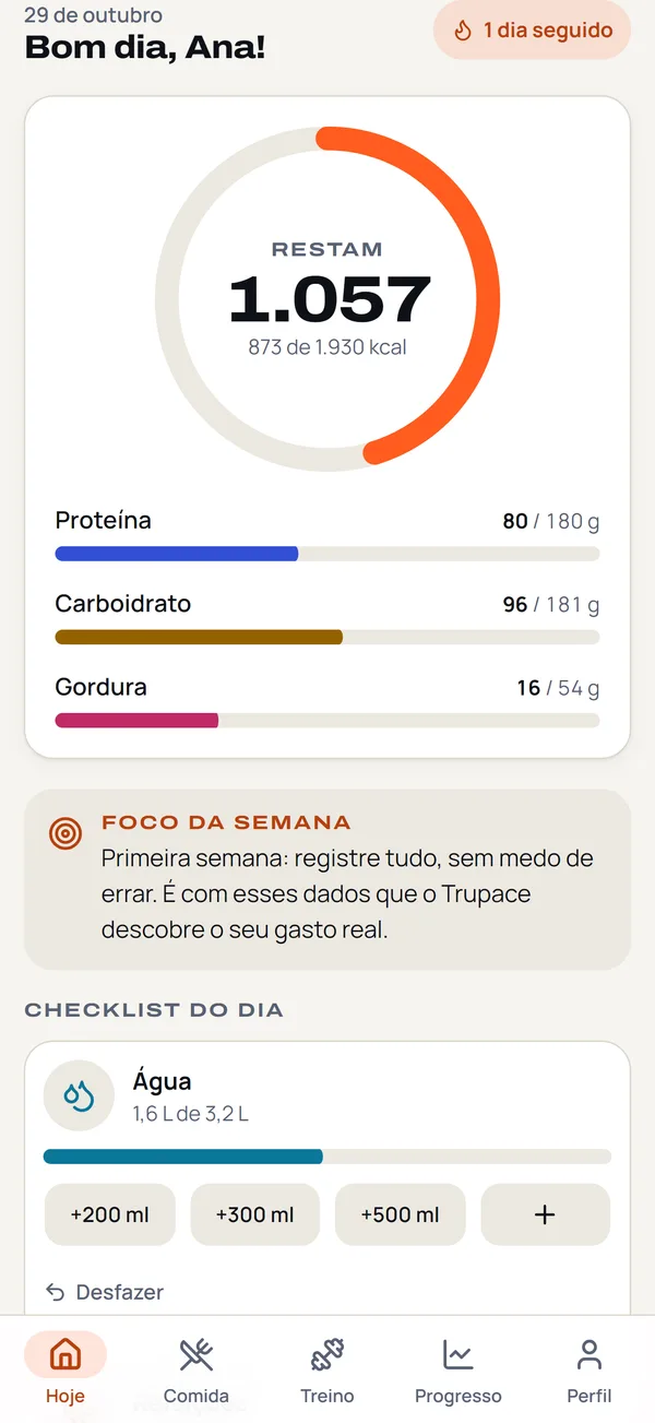 Tela Hoje do Trupace com o anel de calorias e as metas do dia